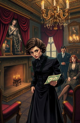 A Victorian-era mystery scene depicting a stylishly dressed noblewoman, Lady Lydiard, in a lavish drawing-room filled with intricate decor and elegant furniture, thoughtfully examining a £500 banknote that seems to have vanished