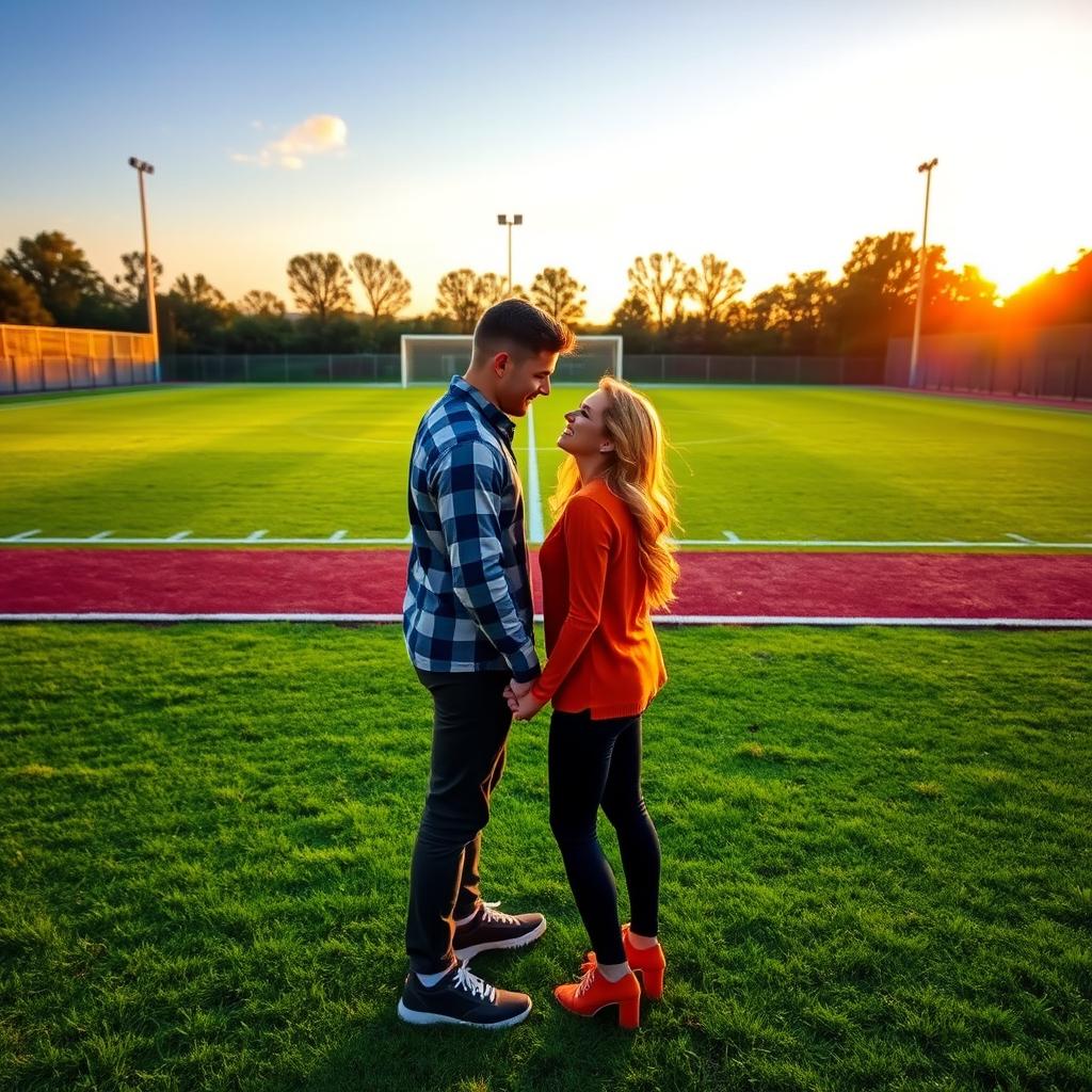A sprawling football field at sunset, vibrant green grass with a perfectly kept pitch, goalposts at either end