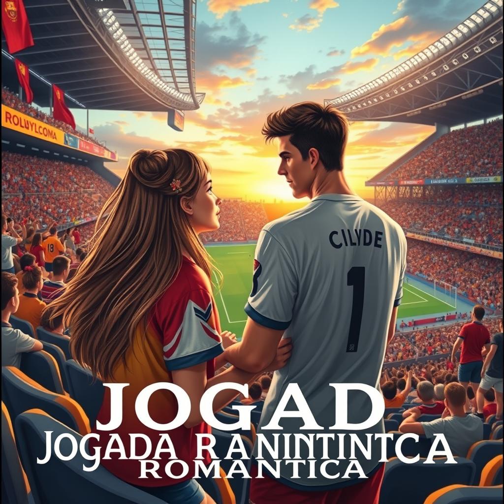 A romantic scene set in a vibrant football stadium filled with cheering fans, focusing on a young girl in the stands who is captivated by a handsome football player on the field
