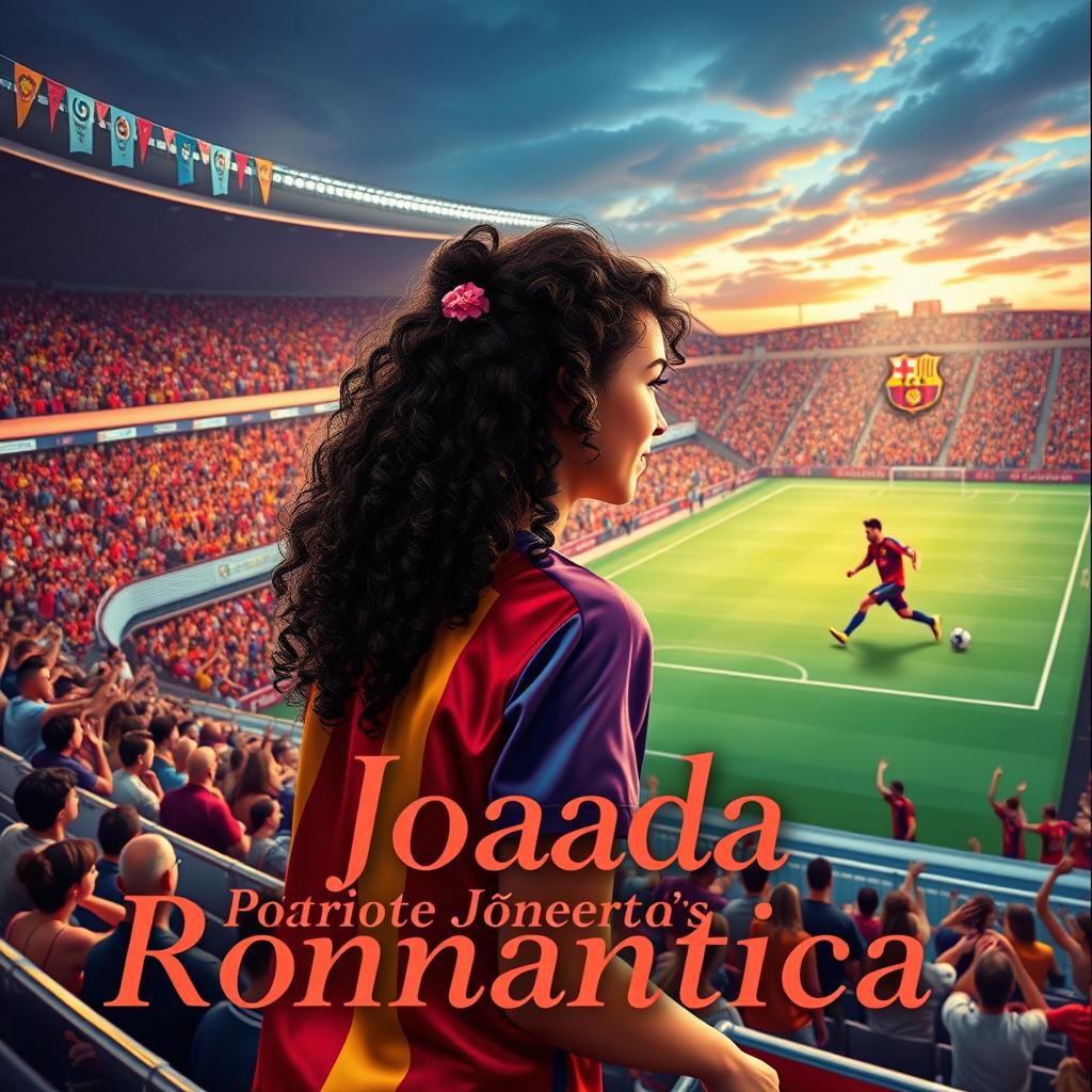 A romantic scene set in a vibrant football stadium filled with cheering fans, focusing on a young girl with curly dark hair in the stands who is captivated by a handsome football player on the field