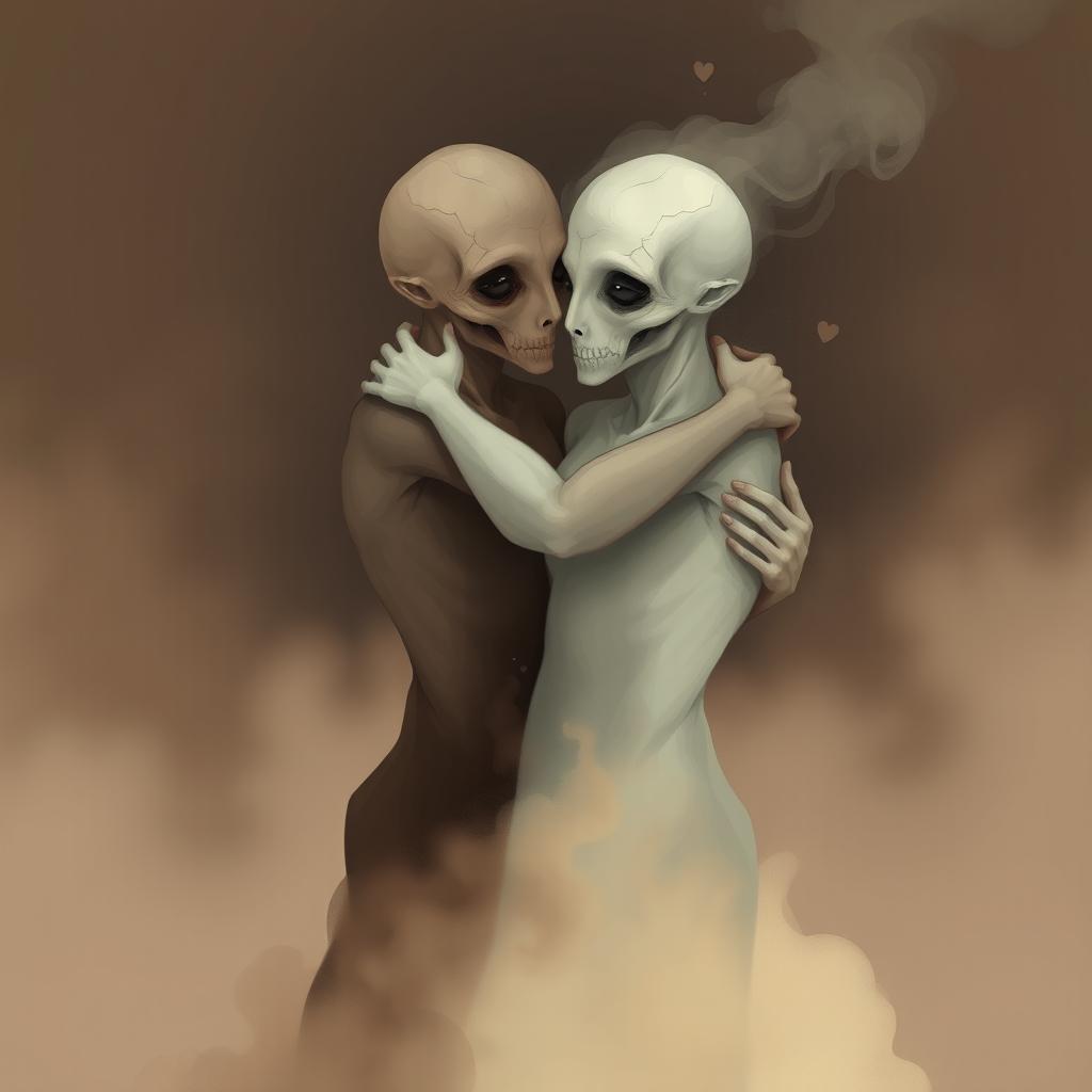 An illustration of two smoky, disfigured figures embracing each other in a display of warmth and connection