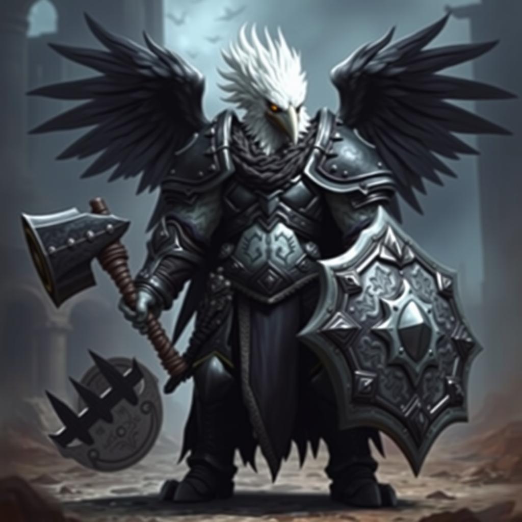 An albino Kenku with a raven head, wearing imposing black heavy armor