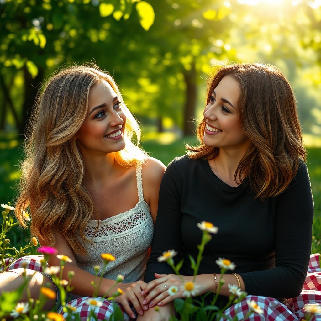 A romantic scene showcasing a sapphic couple in a lush, sunlit park