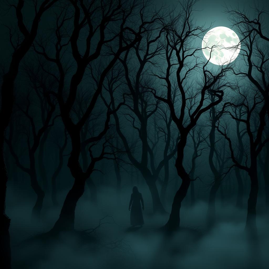 A dark and eerie forest at night, with twisted trees and a thick fog covering the ground
