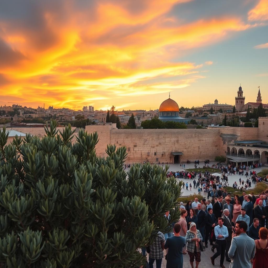 A scenic view of Jerusalem, showcasing the Western Wall and the Dome of the Rock under a vibrant sunset sky, with golden rays reflecting off the ancient stones