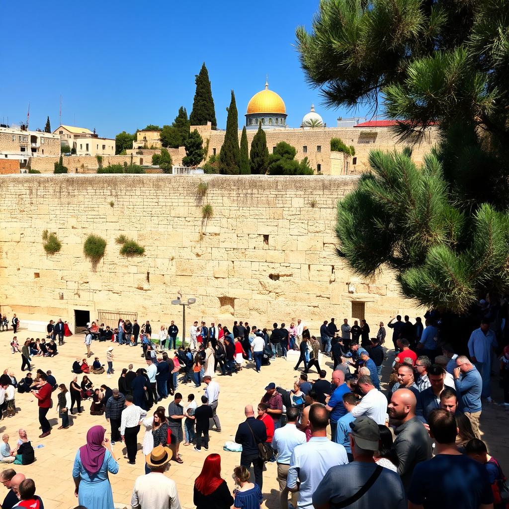 A serene view of the Western Wall in Jerusalem, showcasing the ancient stone structure with its massive blocks, worn by time