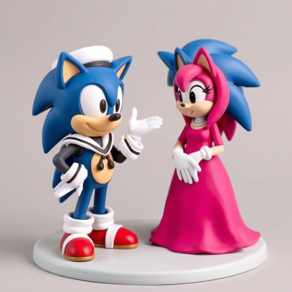 A detailed brown clay sculpture depicting Sonic, a blue hedgehog, dressed in a sailor captain outfit, elegantly bowing to Amy, a pink hedgehog, who is wearing a long magenta dress