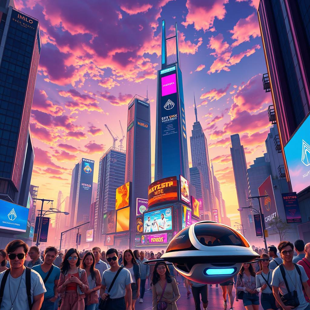 A vibrant and energetic digital artwork depicting a futuristic cityscape at sunset, with towering skyscrapers adorned with neon lights and digital billboards
