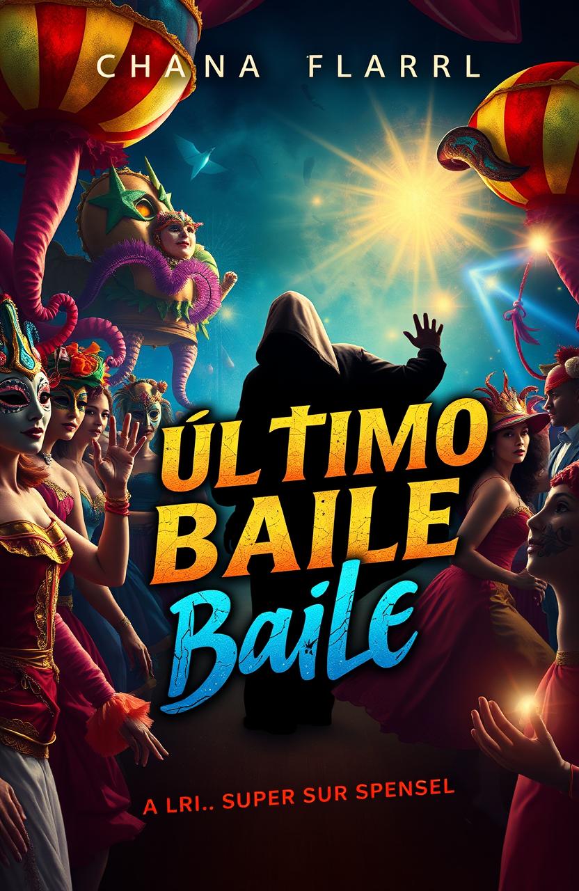 A captivating book cover design for a Brazilian suspense novel titled 'O Último Baile', set against the vibrant backdrop of a carnival