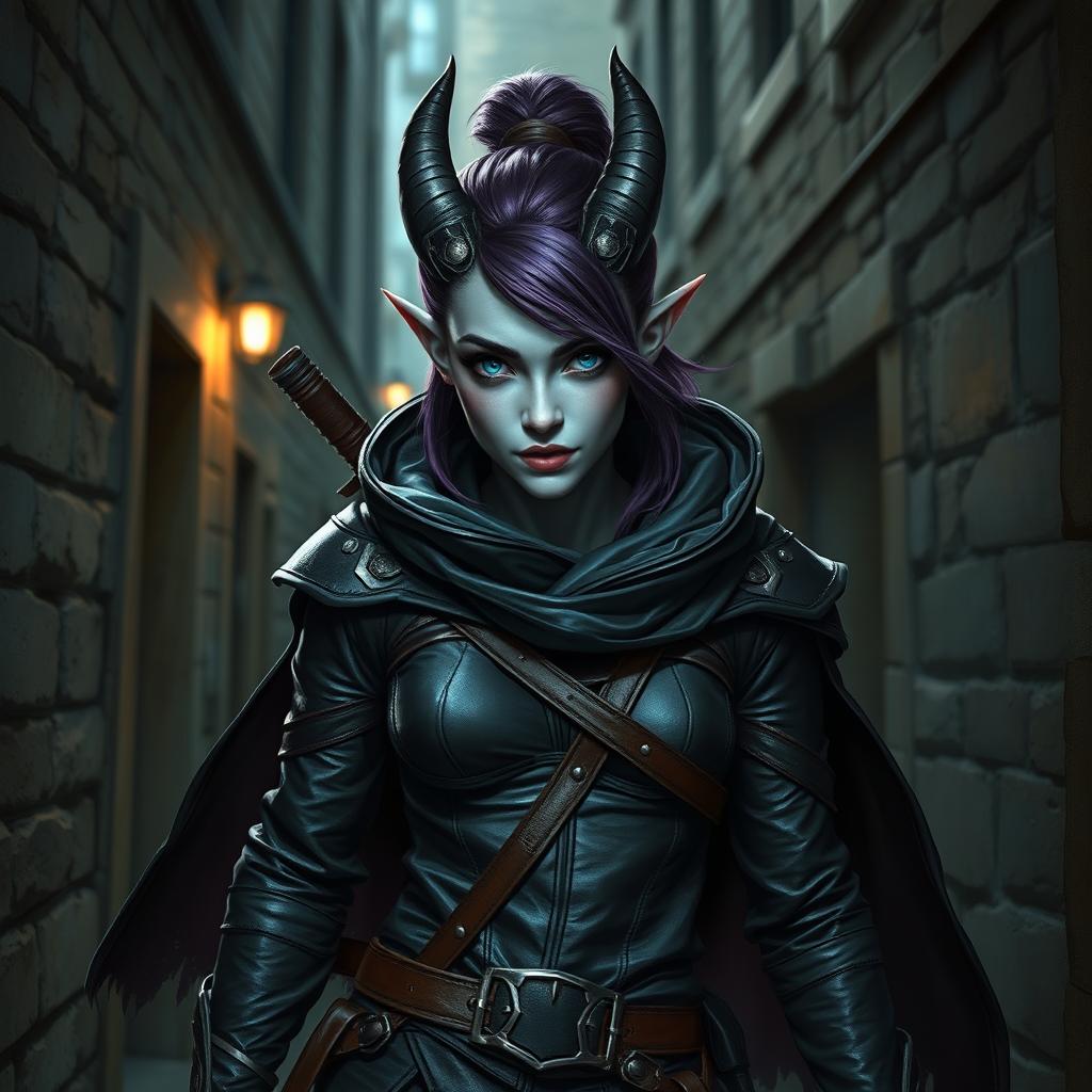 A female tiefling rogue with gray skin and plum hair, dressed in sleek, dark leather armor that accentuates her agile form