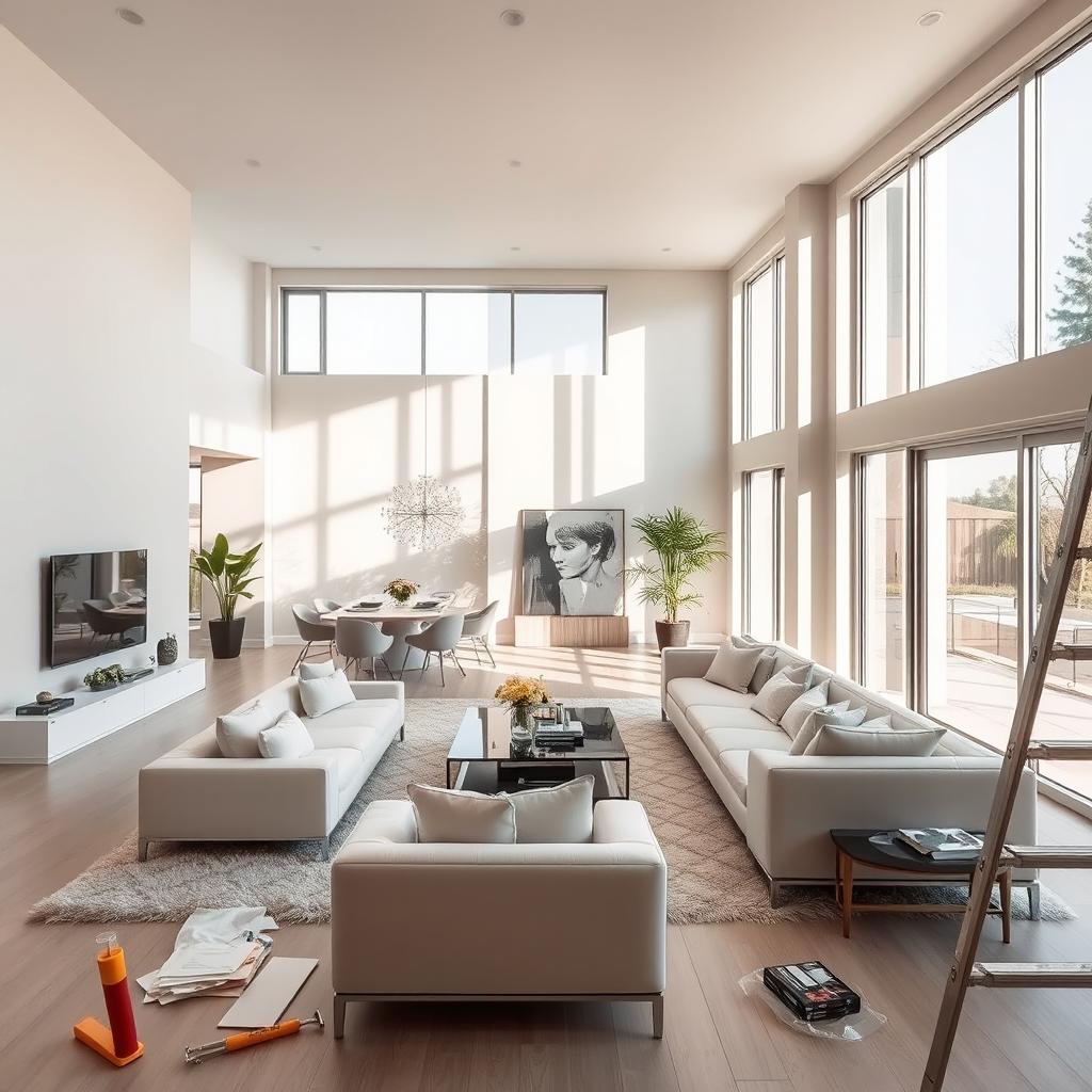 A modern and stylish home interior being remodeled, showcasing a luxurious living room with large windows letting in ample natural light, sleek furniture, and an open-plan layout