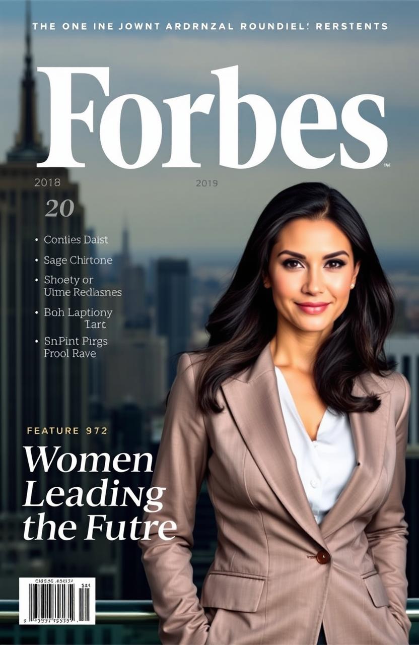 A stylish Forbes magazine cover featuring a confident and successful businesswoman in a tailored suit, standing against a luxurious city skyline backdrop