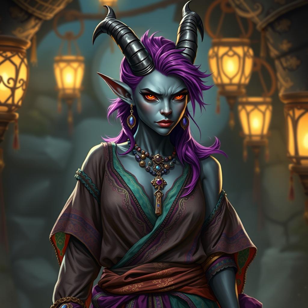 A female Tiefling rogue with striking gray skin and vibrant plum hair, featuring elegantly curved horns atop her head
