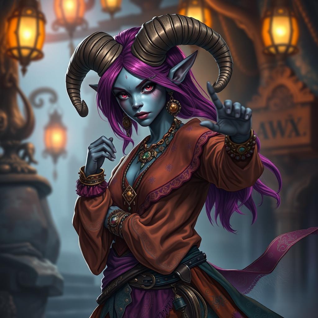 A female Tiefling rogue with striking gray skin and vibrant plum hair, showcasing majestic ram horns that curve elegantly
