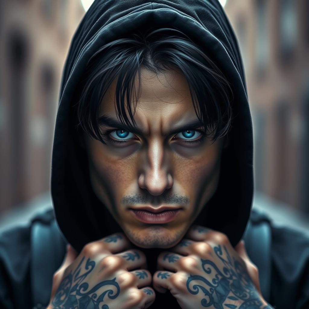A portrait of a dark-haired, tattooed male with his hood up, exuding a mysterious and edgy vibe