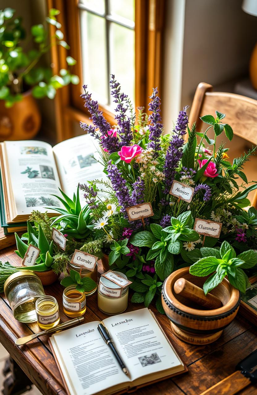 A beautiful arrangement of various medicinal plants displayed artistically