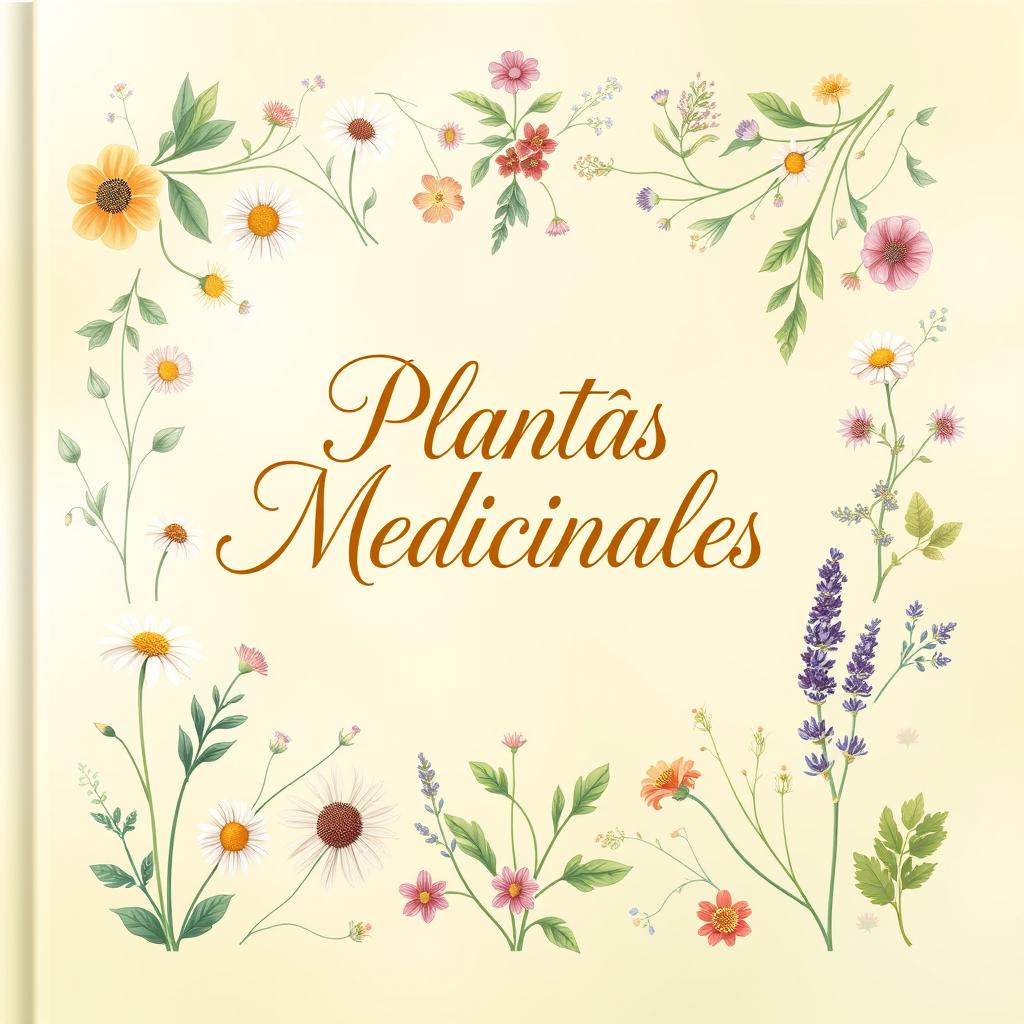A beautifully designed cover for an herbal medicine book, featuring a variety of colorful medicinal plants beautifully illustrated around the edges