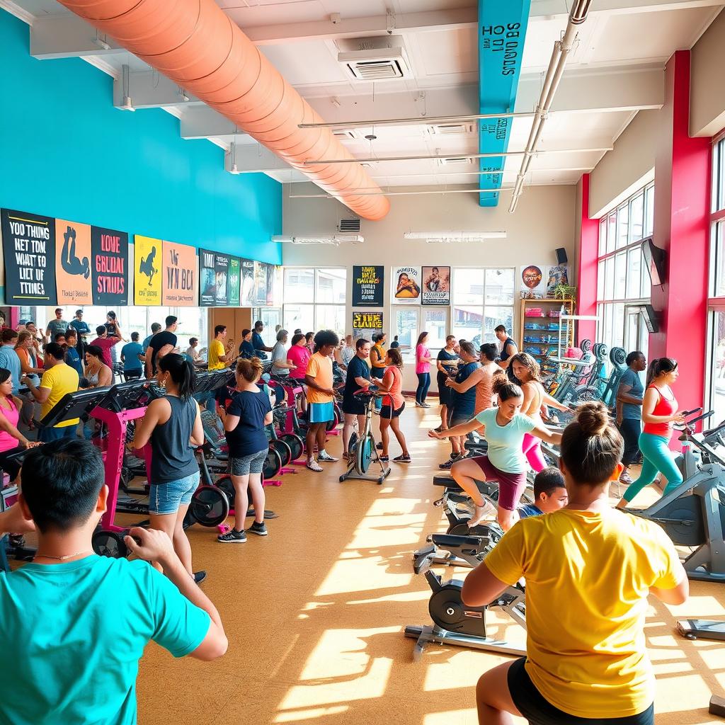 A vibrant scene showcasing a local gym (Local GYM1) filled with people engaged in various physical activities