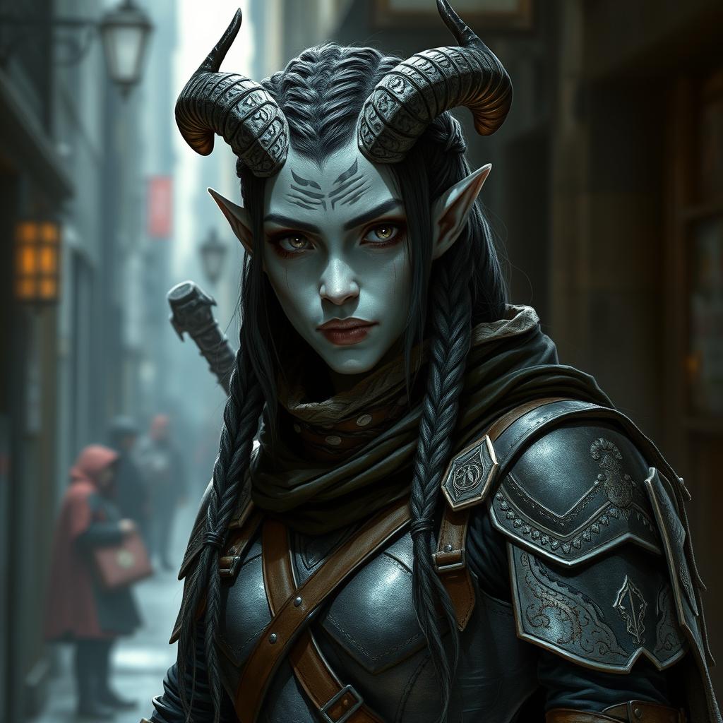 A female Tiefling Rogue with striking gray skin and elegantly curved horns protruding from her forehead