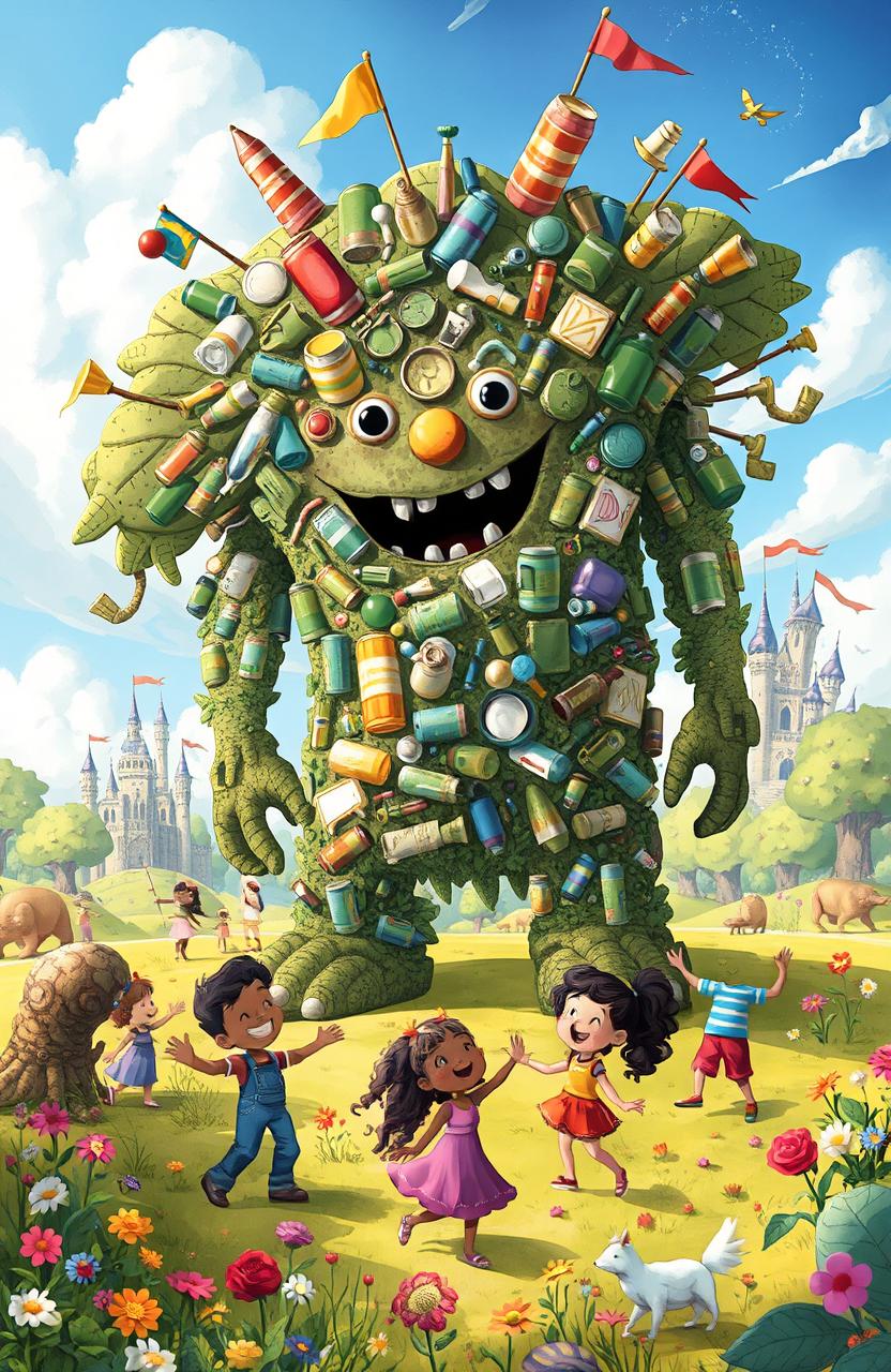 A whimsical illustration for a children's story about a giant made of trash in the kingdom of Lolontat
