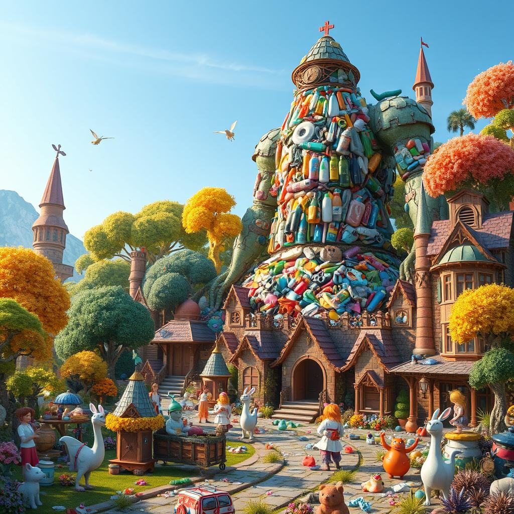 A whimsical and enchanting scene depicting a giant made of trash in a fantastical kingdom called Lolontar