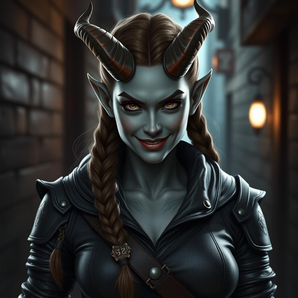 A female Tiefling Rogue with gray skin, featuring a mischievous smile that exudes confidence and charm