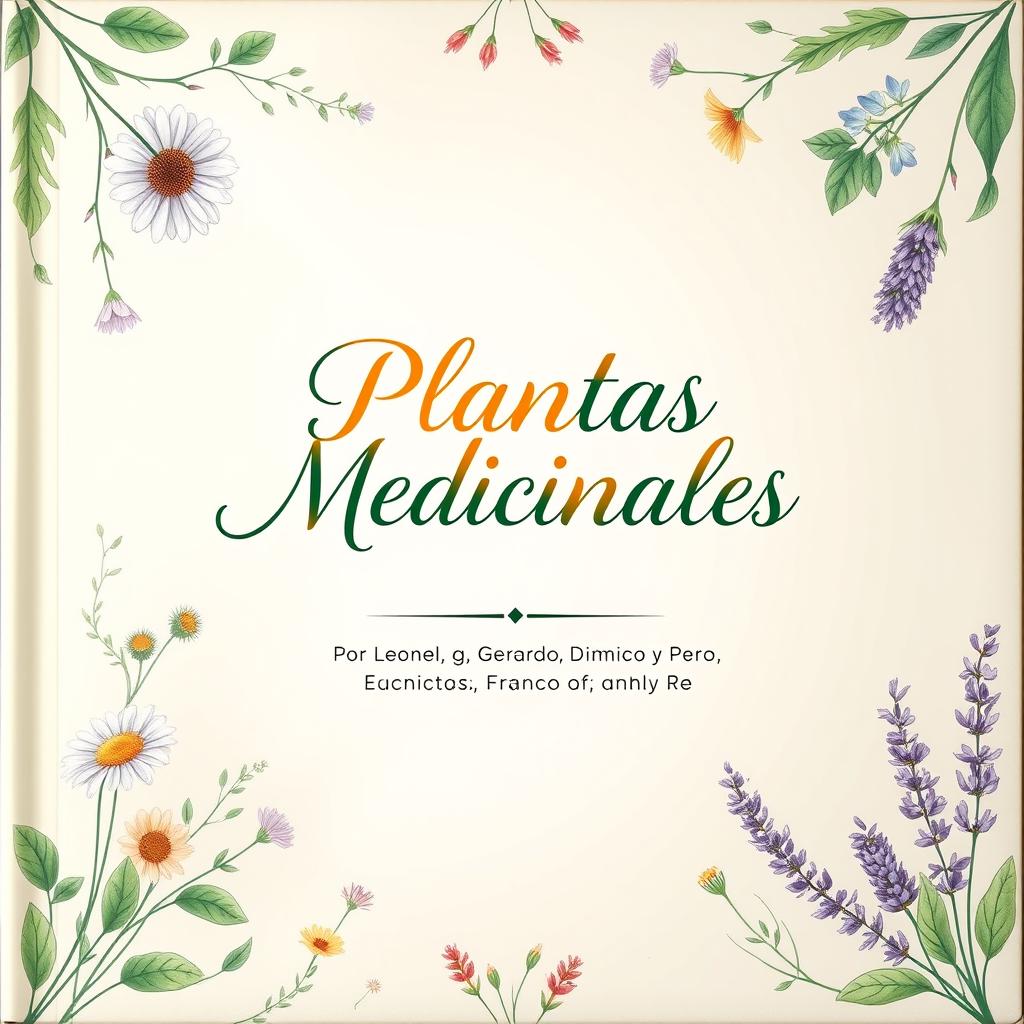 A beautifully designed cover for an herbal medicine book titled 'Plantas Medicinales', featuring a variety of colorful illustrated medicinal plants elegantly arranged around the edges