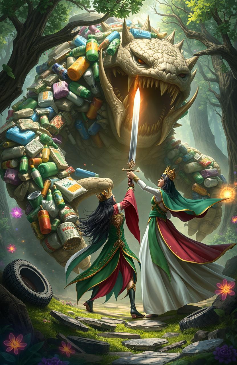 A fantasy battle scene depicting a giant garbage monster being defeated by a valiant queen named Lolontat
