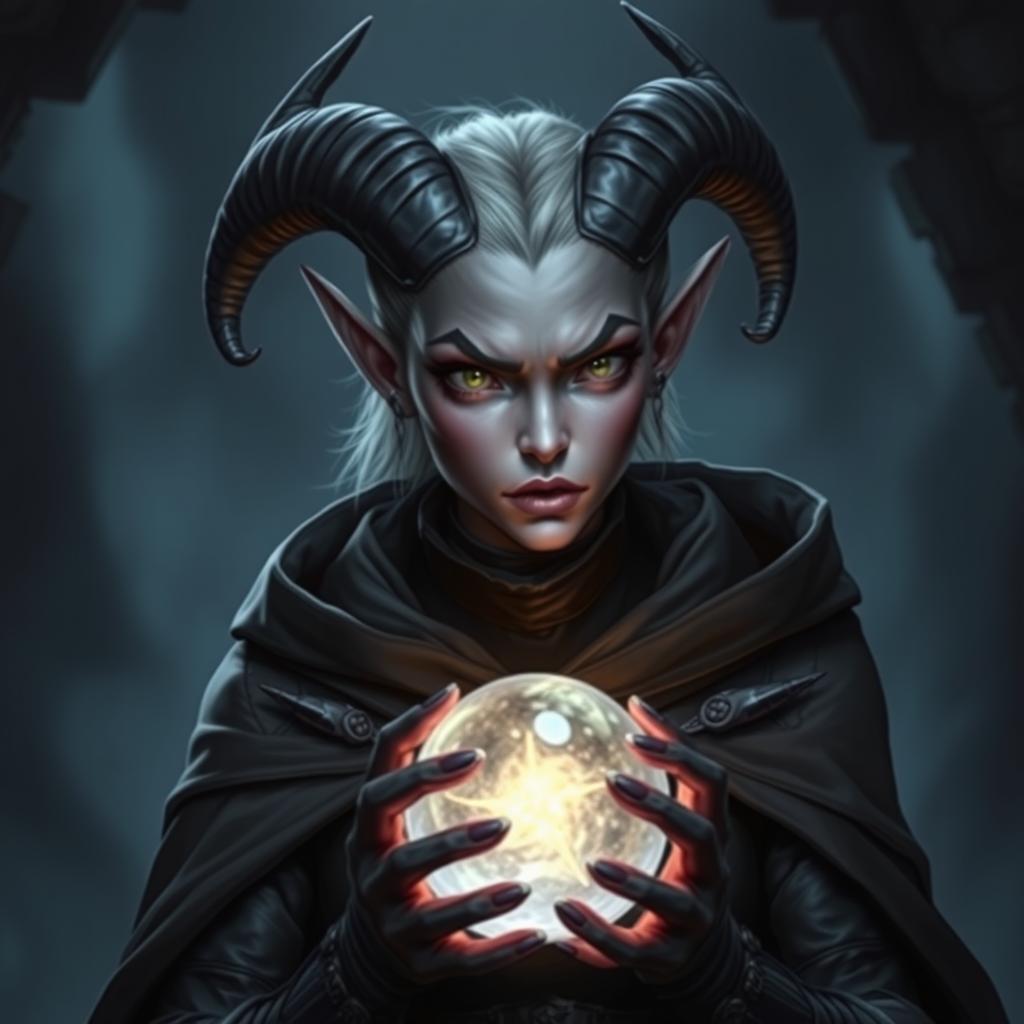 A female tiefling rogue with gray skin, showcasing sleek, curved horns on her head