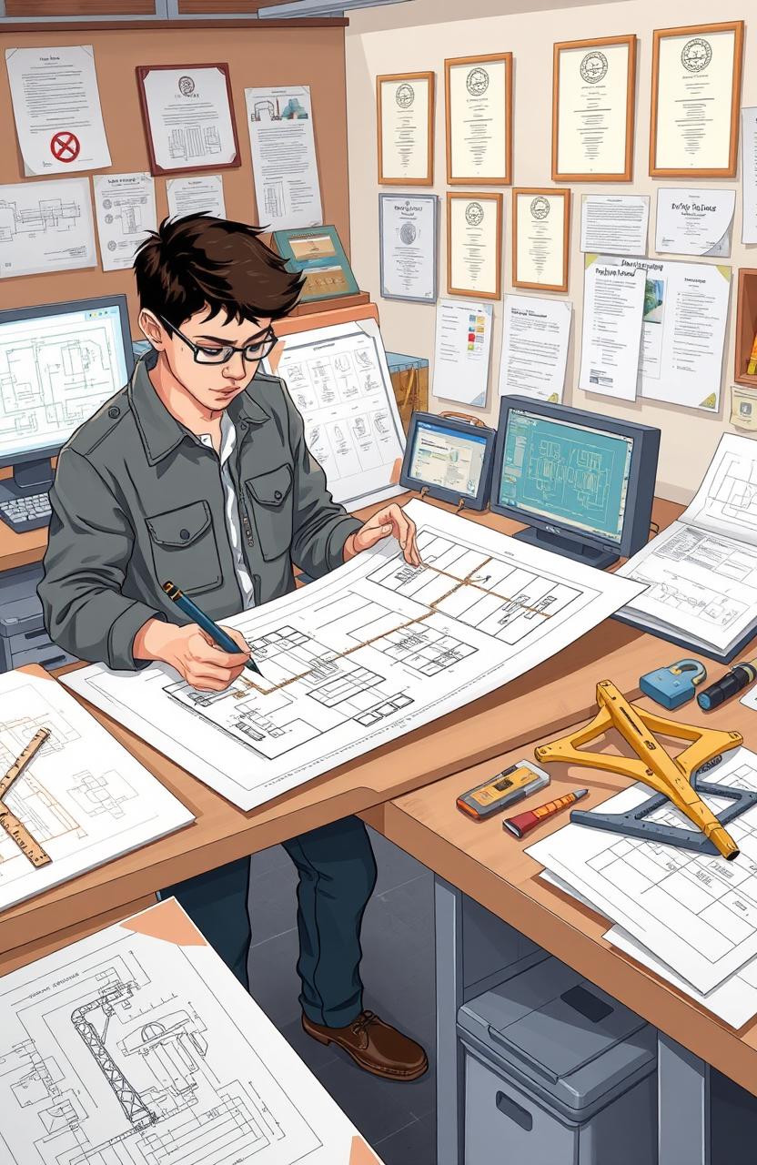 An engineering-themed illustration depicting a busy municipal engineering office where a work immersion student is engaged in creating an electrical power layout on a large drawing sheet