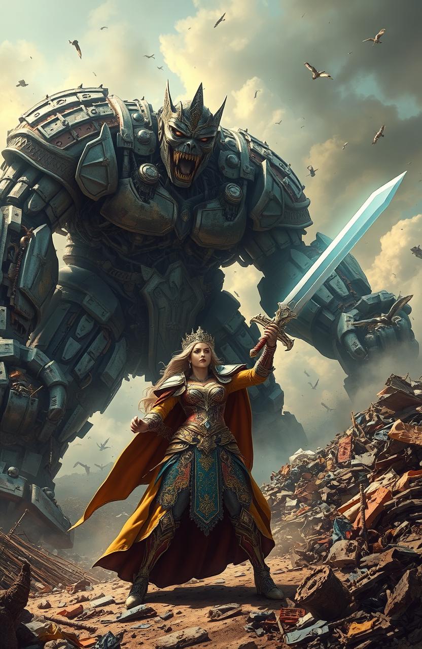 A thrilling scene where a garbage giant, towering and menacing, is defeated by a powerful queen wielding a shining sword