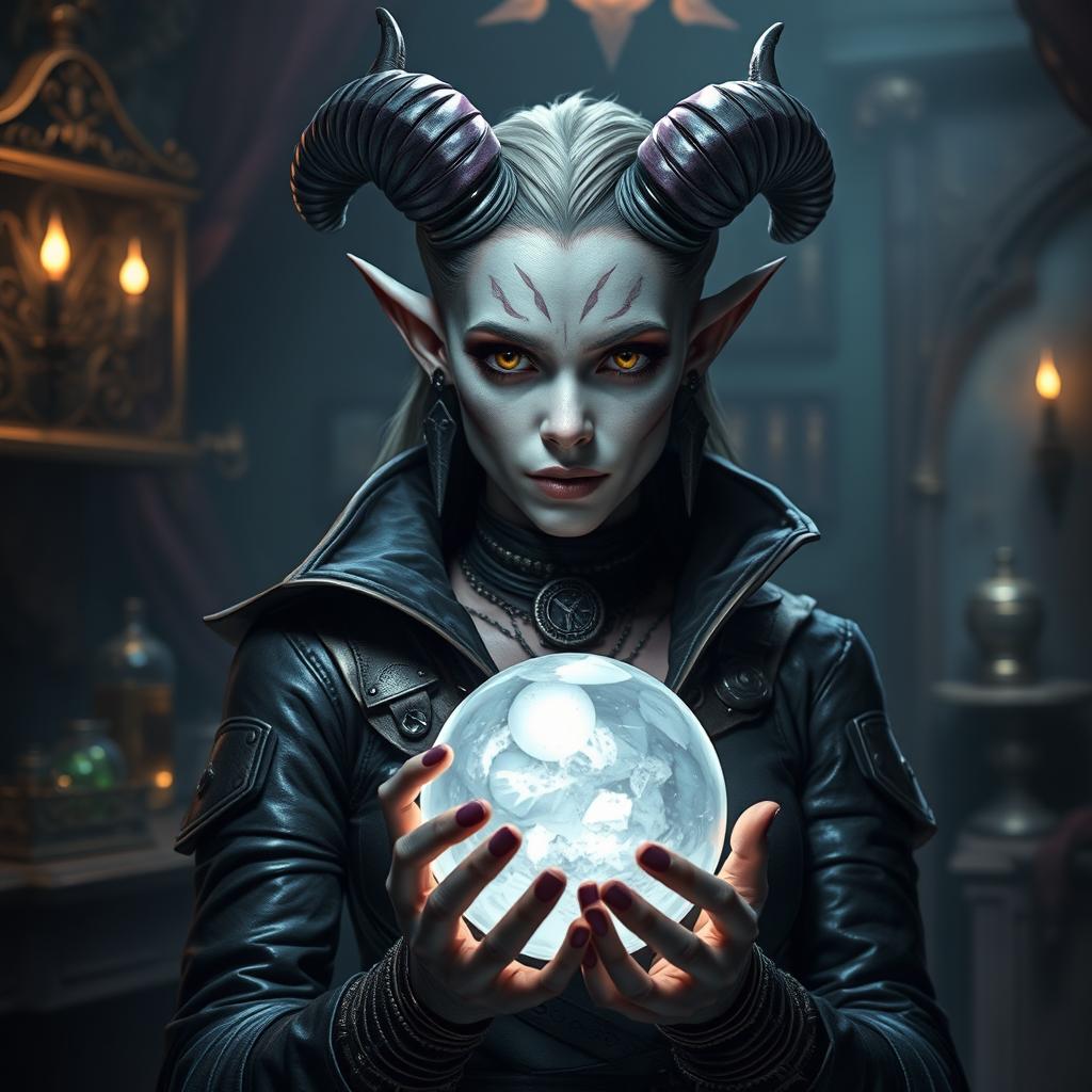 A female Tiefling Rogue with striking gray skin and elegantly curved horns that accentuate her mystical presence