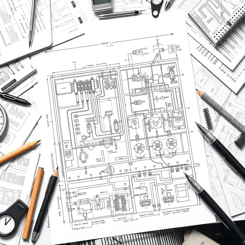 An intricate engineering-themed illustration focused on an electrical power layout, prominently positioned at the bottom of the page