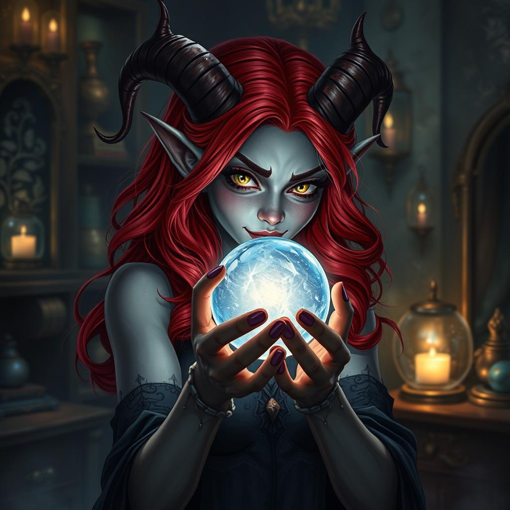 A female Tiefling with captivating gray skin and elegantly curved horns that enhance her mystical allure
