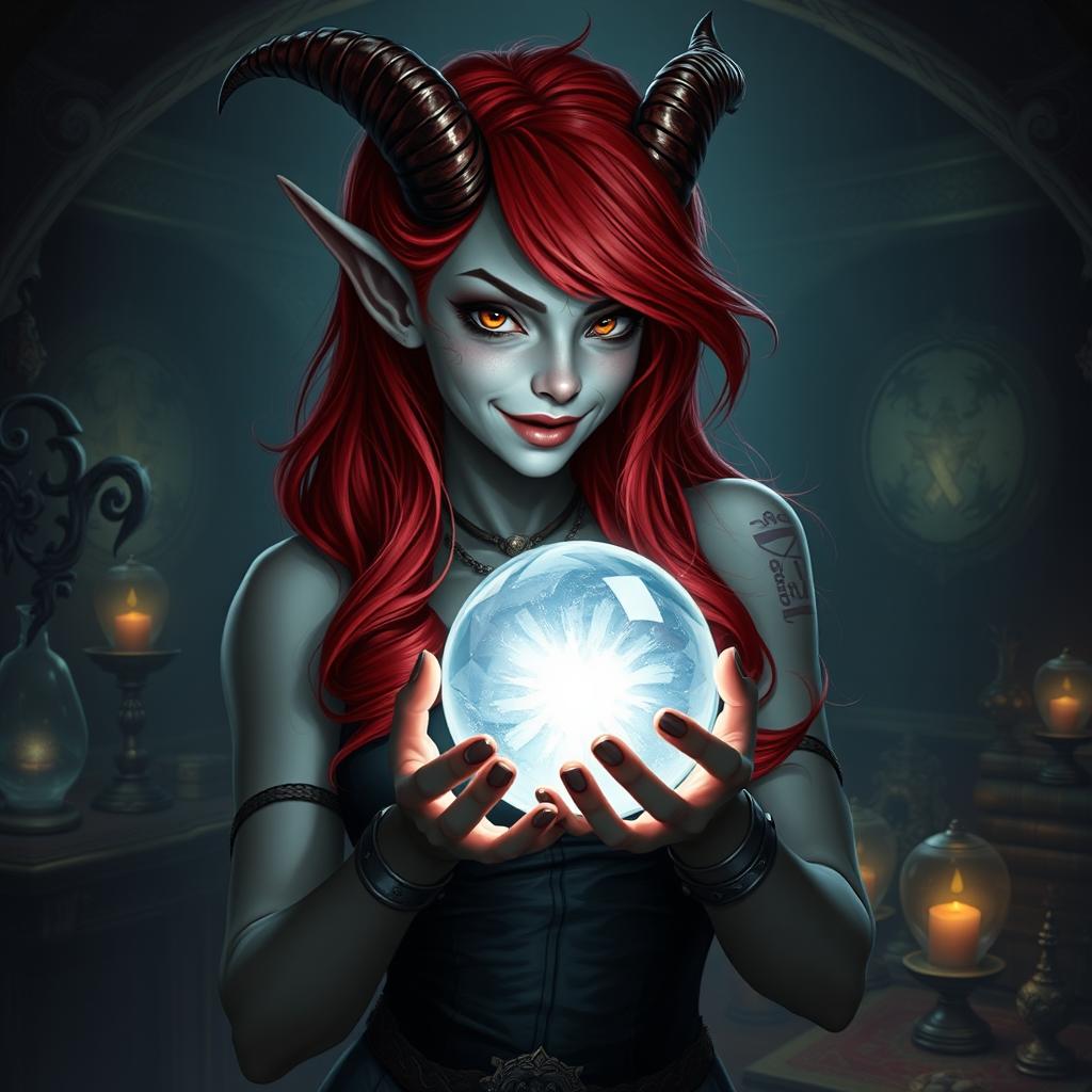 A female Tiefling with enchanting gray skin and gracefully curved horns that give her an air of mystique