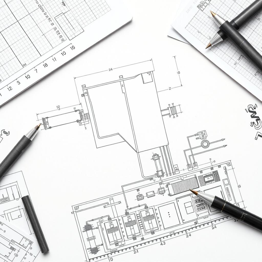 A detailed, engineering-themed pen drawing showcasing an electrical power layout prominently featured at the bottom of the page