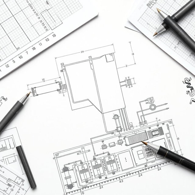 A detailed, engineering-themed pen drawing showcasing an electrical power layout prominently featured at the bottom of the page