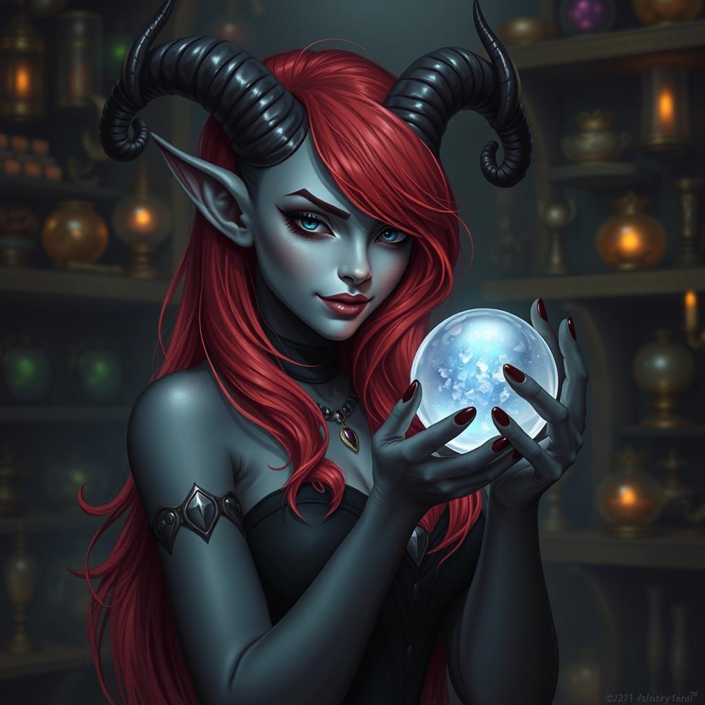 A female Tiefling with alluring gray skin and elegantly curved horns, embodying a playful trickster essence