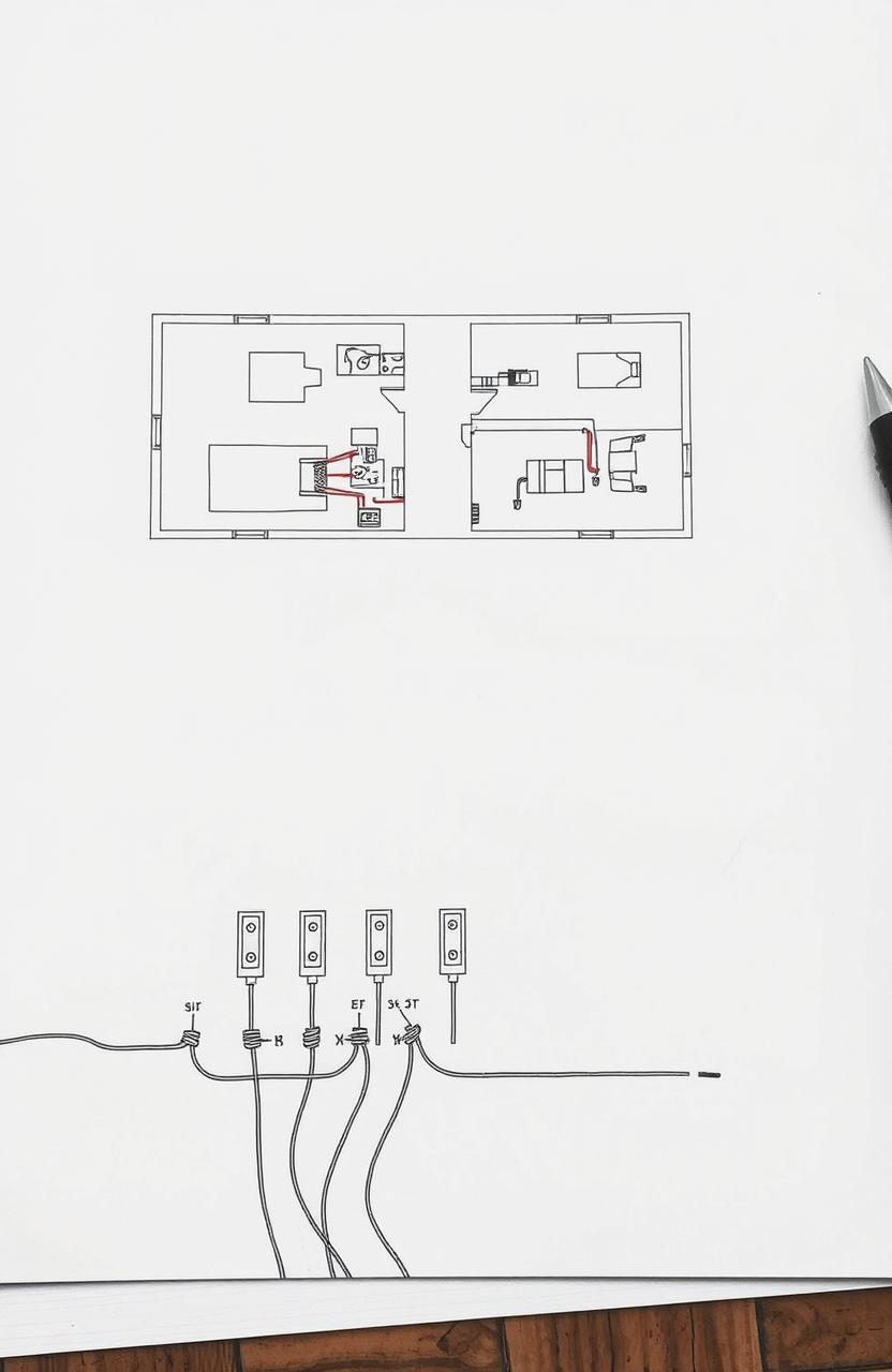 An intricate pen drawing of an electrical power layout for a house, focusing on the details of the design