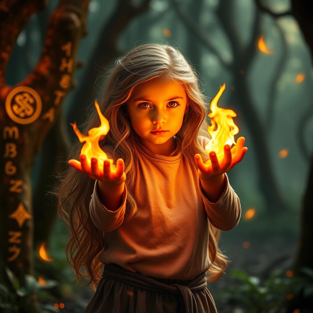 A young girl with extraordinary fire powers stands in a mystical forest, vibrant flames dancing around her hands, showcasing her abilities
