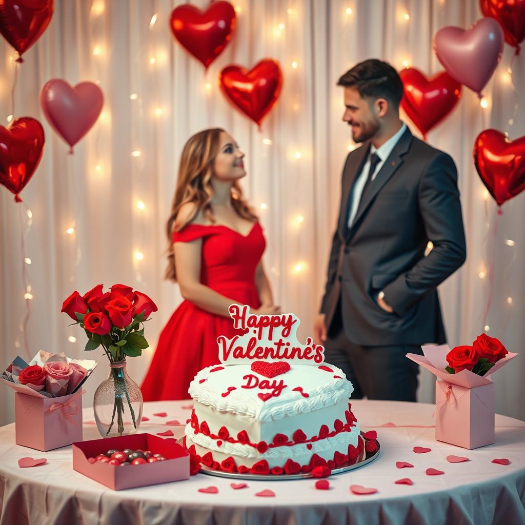 A festive and romantic scene for Valentine's Day, featuring a beautifully decorated table with heart-shaped balloons, red roses, and a box of chocolates
