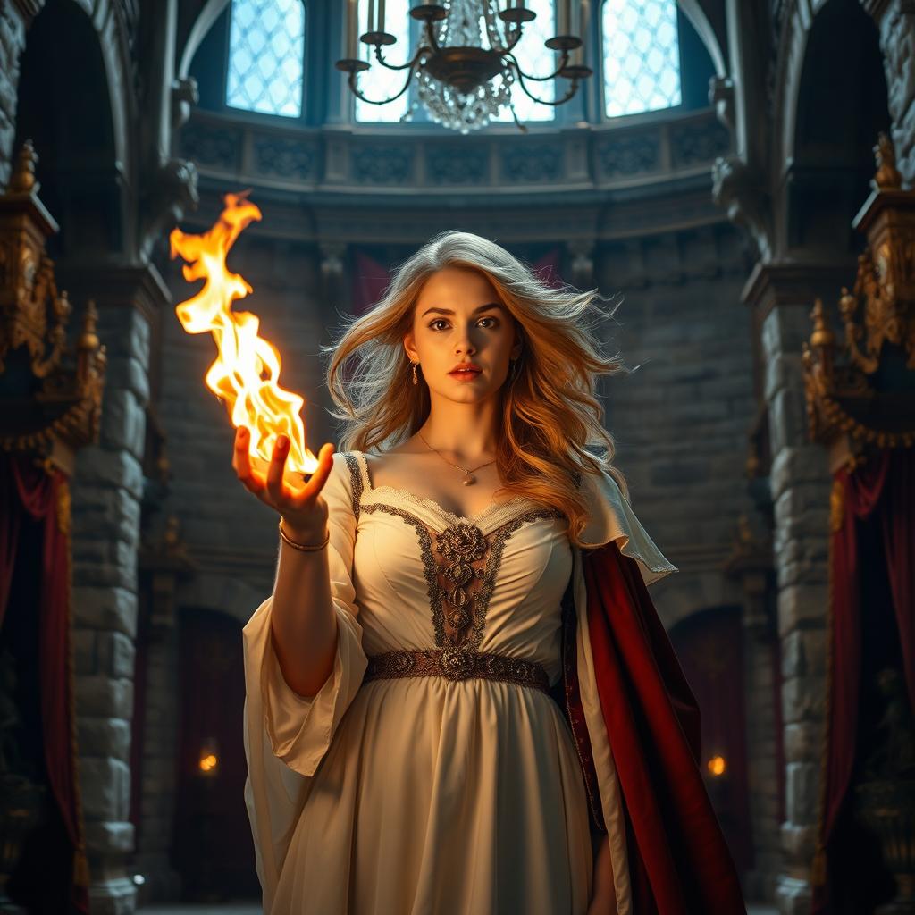 A chosen woman is welcomed into a grand castle adorned with opulent decorations and medieval architecture