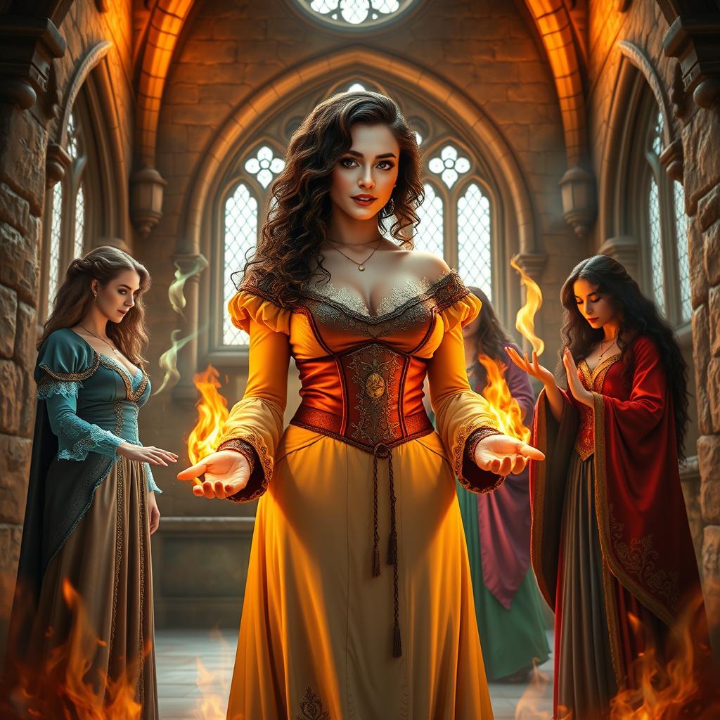 A beautiful brunette woman with curly brown hair and a curvy body, dressed in elegant medieval attire, standing in a majestic castle filled with magical energy