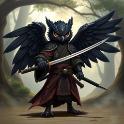 A short black-winged Owlin samurai dressed in traditional ronin attire, holding a katana