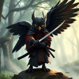 A short black-winged Owlin samurai dressed in traditional ronin attire, holding a katana