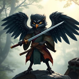 A short black-winged Owlin samurai dressed in traditional ronin attire, holding a katana