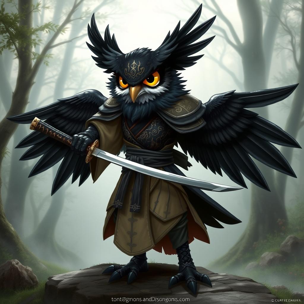 A short black-winged Owlin samurai dressed in traditional ronin attire, holding a katana