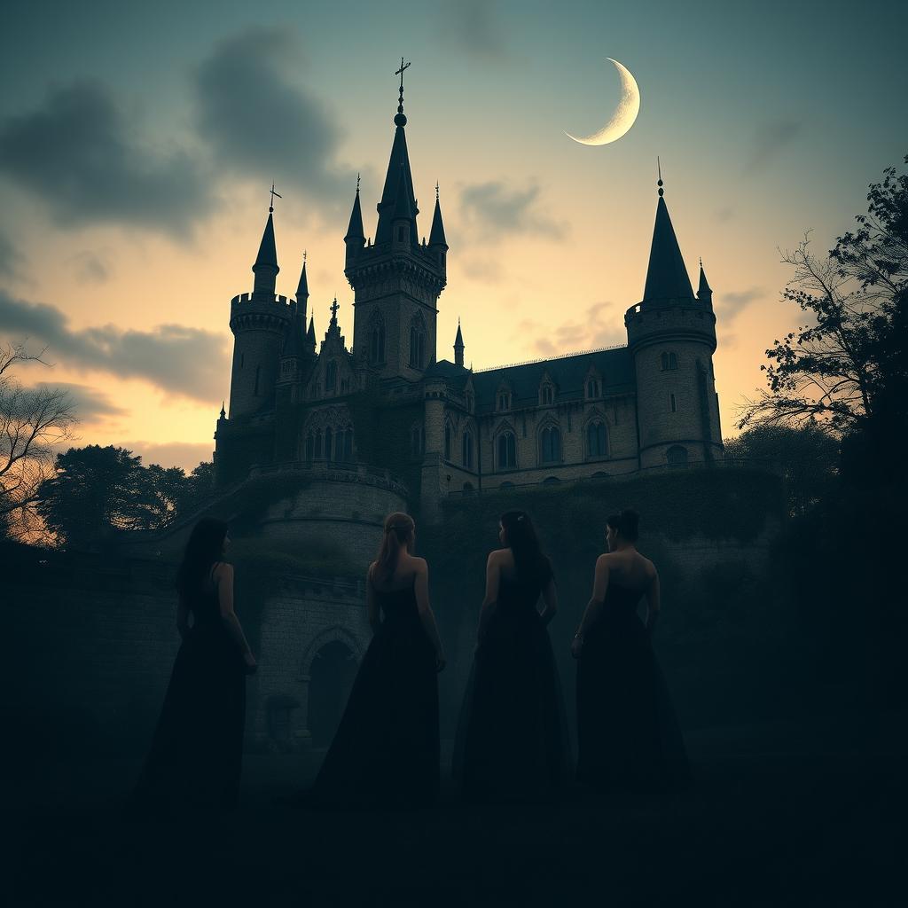 A majestic and mysterious castle standing tall against a twilight sky