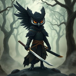 A short black-winged Owlin ronin samurai character from Dungeons & Dragons, depicted in a striking and heroic pose