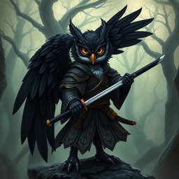 A short black-winged Owlin ronin samurai character from Dungeons & Dragons, depicted in a striking and heroic pose